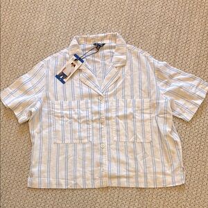 Linen Light Blue and White Striped Short Sleeve Button-Down Shirt
